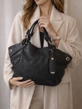 Oryany Black Pebbled 100% Leather Satchel Crossbody Bag Large Travel w/ Dust Bag